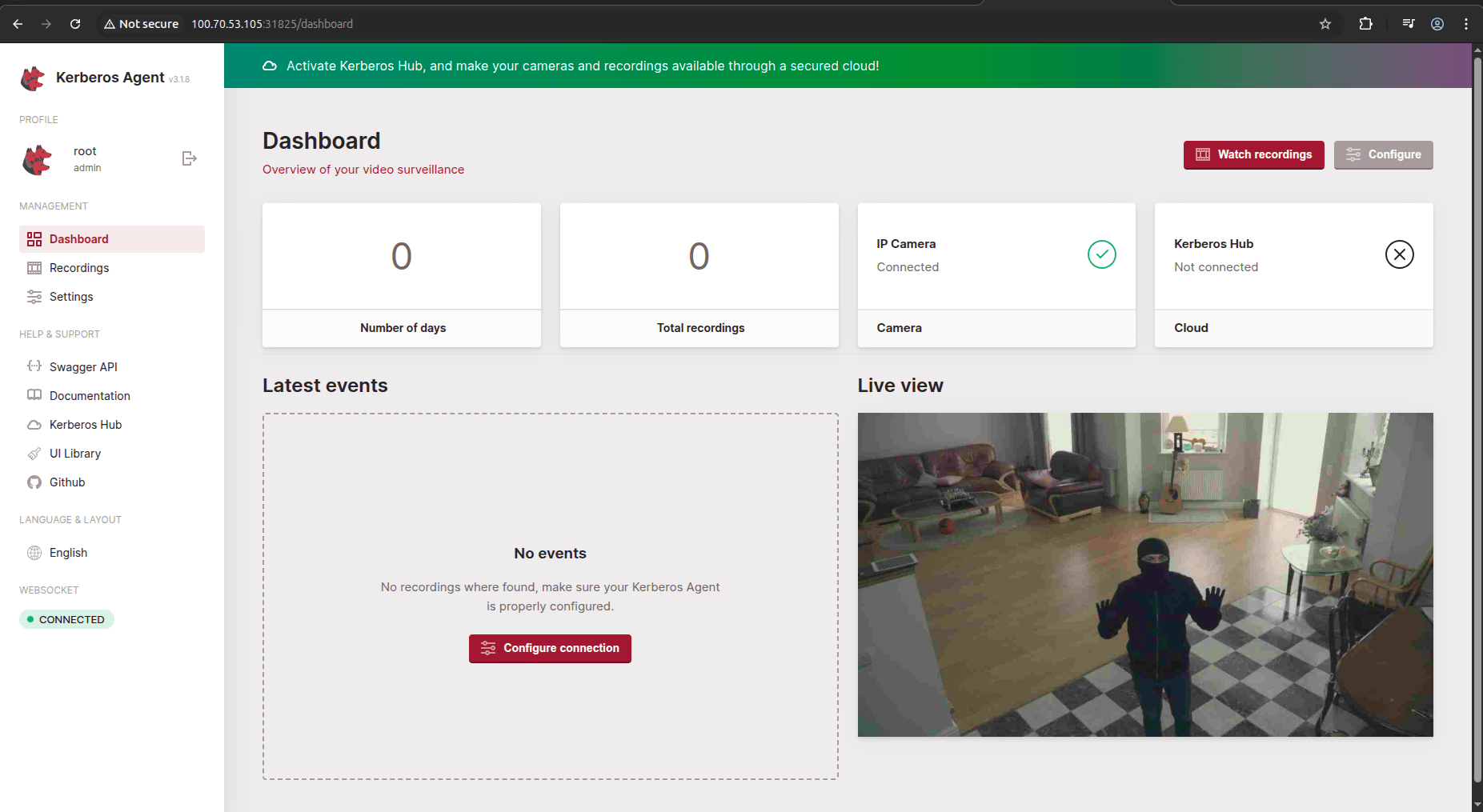 Kerberos Agent UI showing live video feed